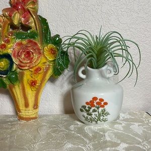 Vintage Japan White Floral Vase Wall pocket With Orange & Green Flowers